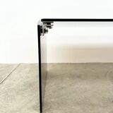 Table basse minimaliste 70s – verre bronze & alu