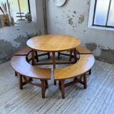 Set of round table and 4 rounded benches, 1950