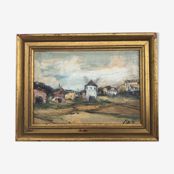 Tableau huile sur bois paysage au moulin signé