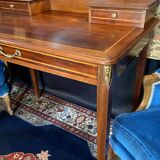 Louis XVI style mahogany and solid walnut dressing table with oval mirror