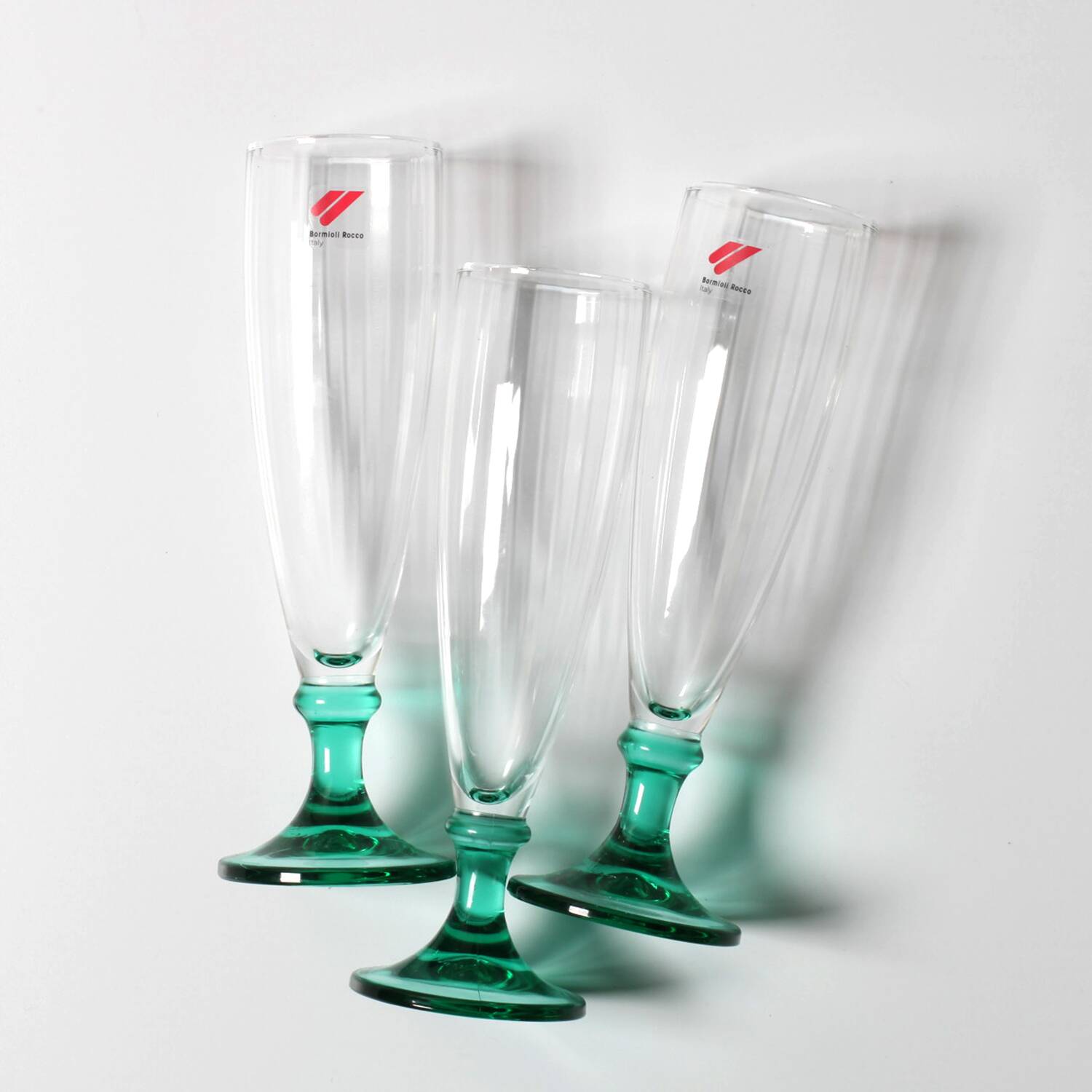 Set of 3 Vintage Green Stem Champagne Flutes: Bormioli Rocco Harmonia, 1990