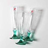 Set of 3 Vintage Green Stem Champagne Flutes: Bormioli Rocco Harmonia, 1990