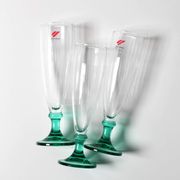 Set of 3 Vintage Green Stem Champagne Flutes: Bormioli Rocco Harmonia, 1990