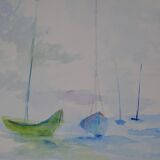 French School 20th Century D Martine: Sailboats on the sea, Signed watercolor