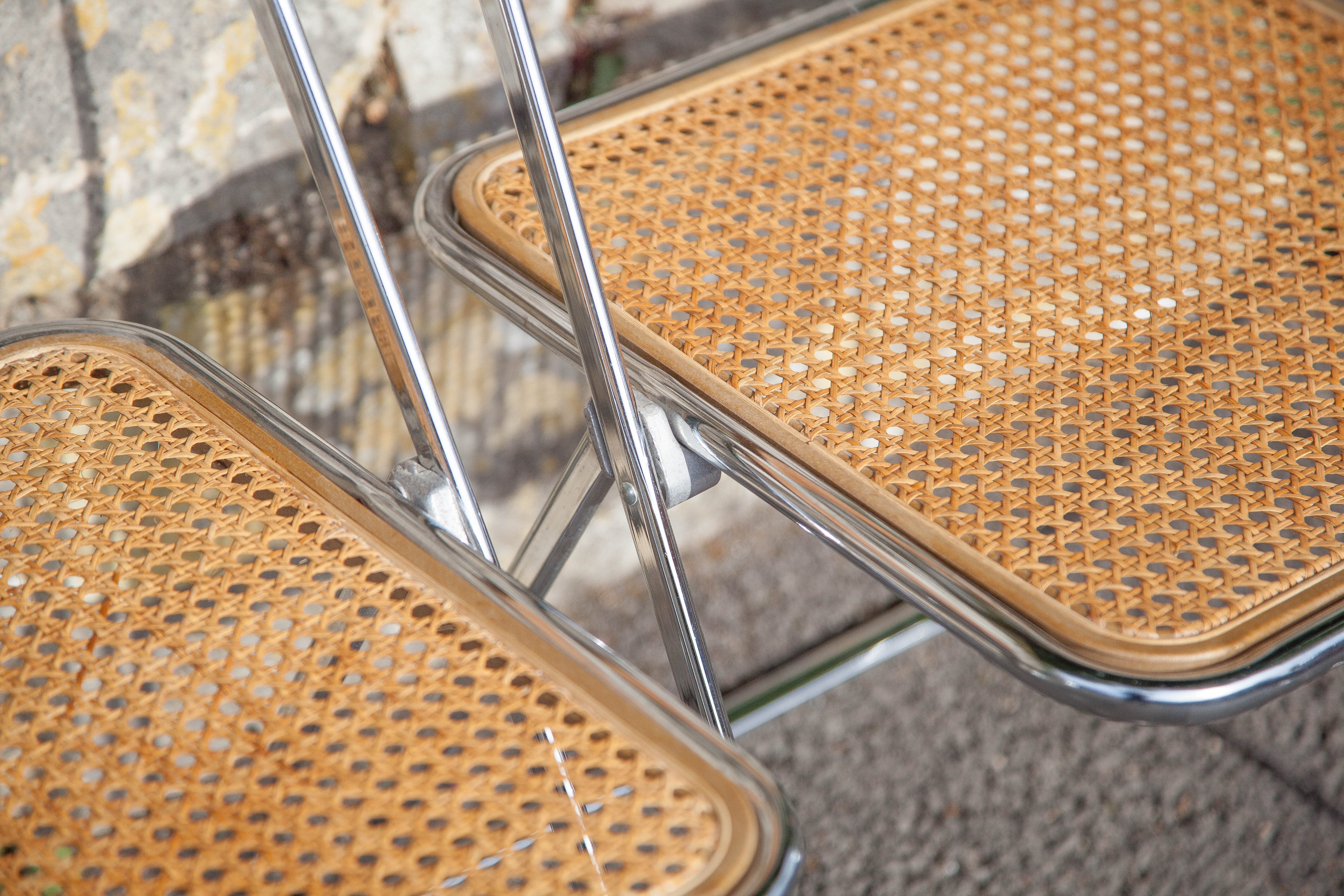 Set of 3 folding chairs in rattan and chromed metal, vintage chair, design, 60's