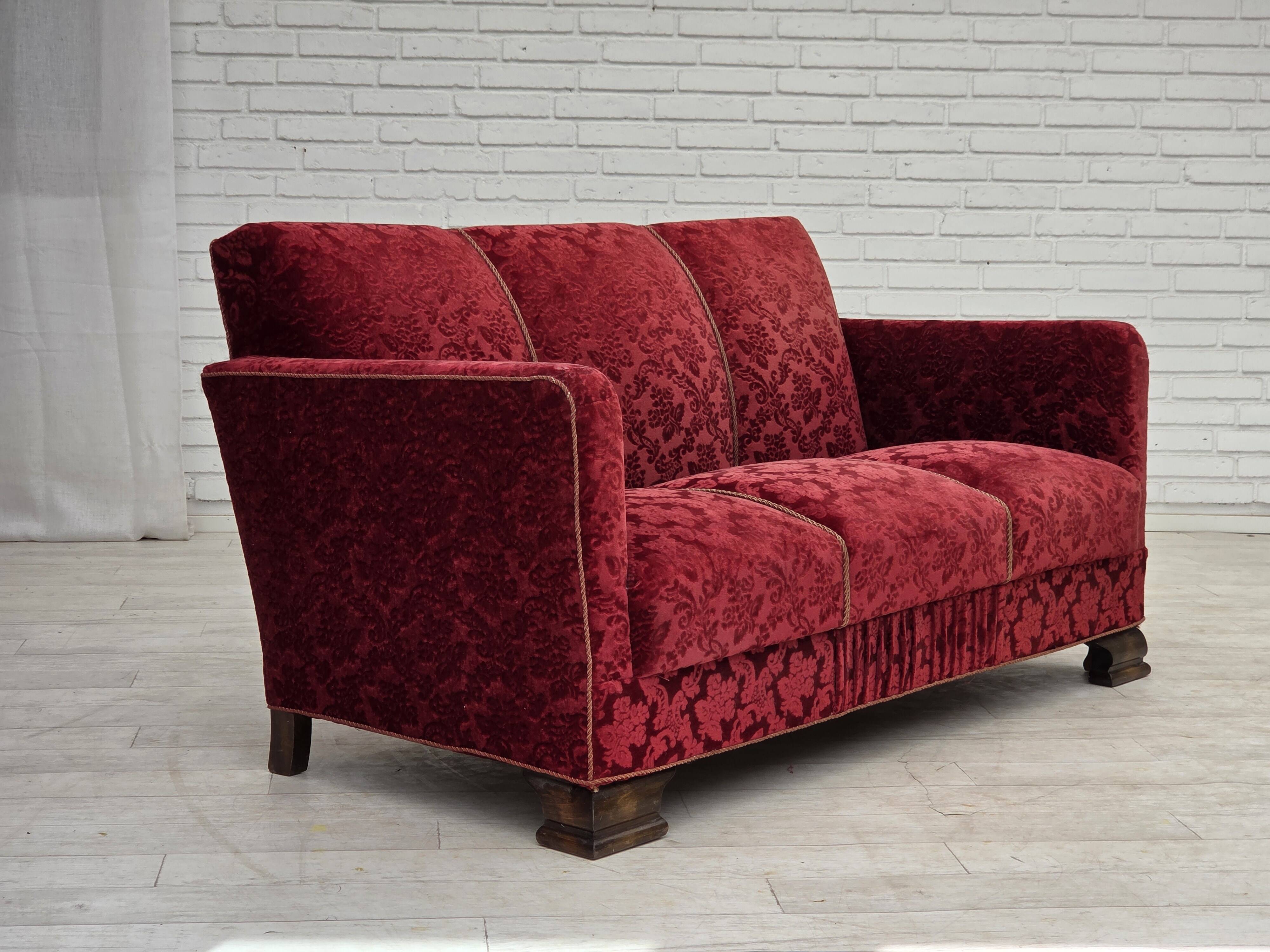 1950s, Danish 3-seater sofa, furniture velour, oak wood.
