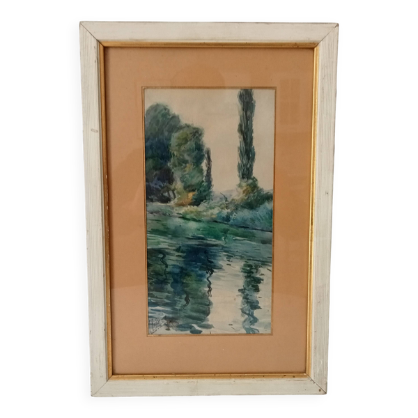 Tableau ancien Aquarelle Signé J.Richter ''Marne a Gournay