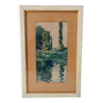 Tableau ancien Aquarelle Signé J.Richter "Marne a Gournay"