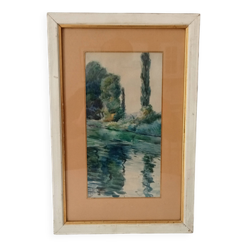 Tableau ancien Aquarelle Signé J.Richter "Marne a Gournay"