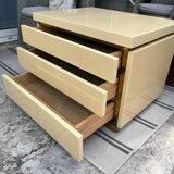 Vintage Bedside Table Jean-Claude Mahey - Beige Lacquer & Brass (Year)