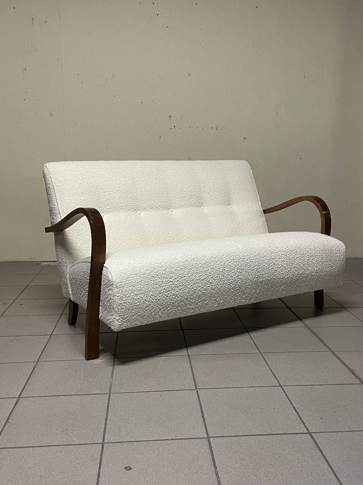 1940s Sofa in Wood and Boucle Fabric, Italian Production