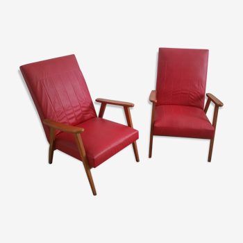 Paire de fauteuils style scandinave bois et skaï rouge