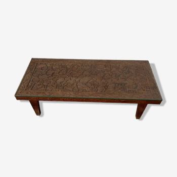 Table en bois sculptée style afro plateau en verre