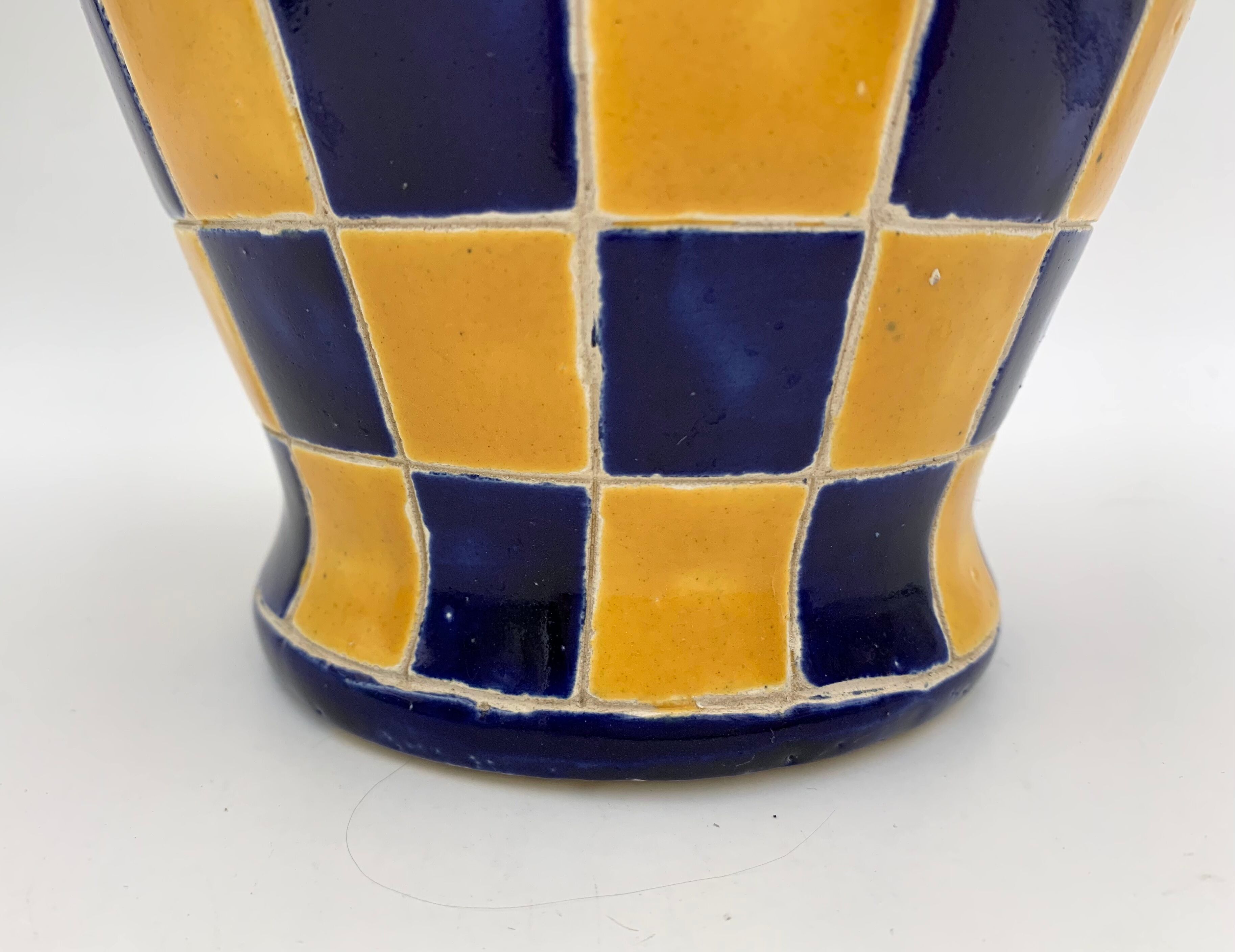 Vintage ceramic vase, blue and yellow checkerboards - 1950s-1960s