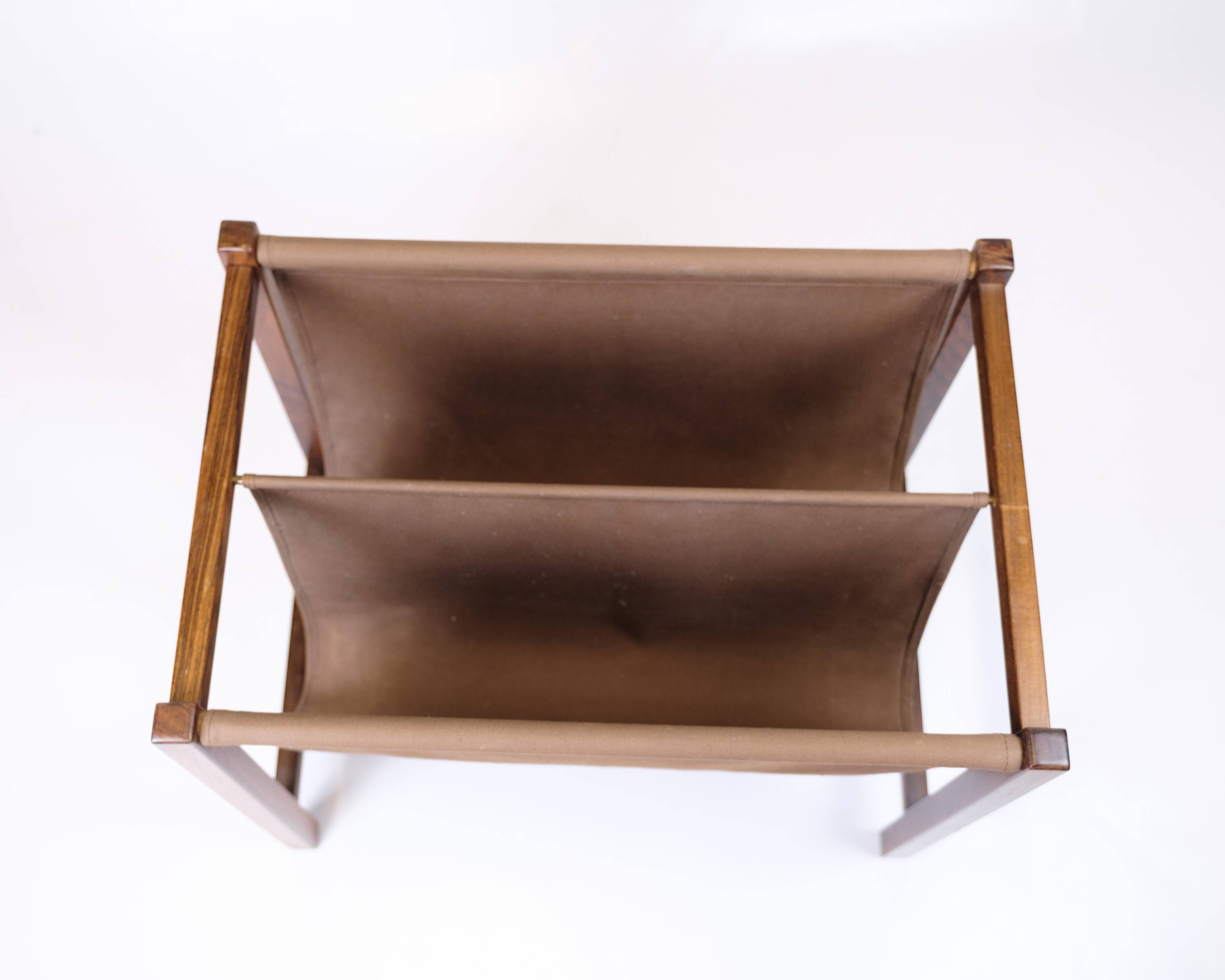 Newspaper/magazine holder - rosewood and brown canvas - Danish design - 1960s