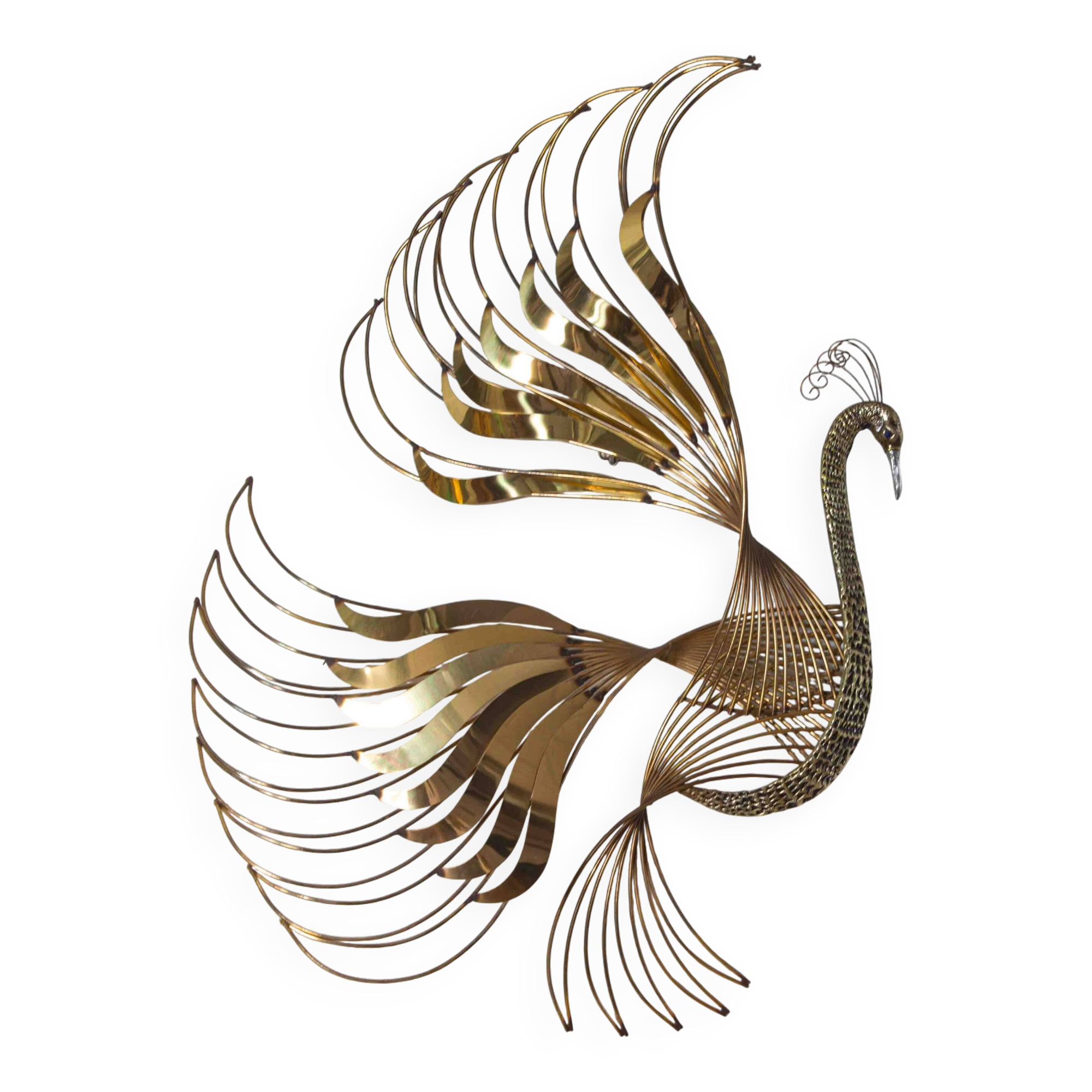Impressive wall "Peacock" wall sculpture in brass by Curtis Jere, 1980s
