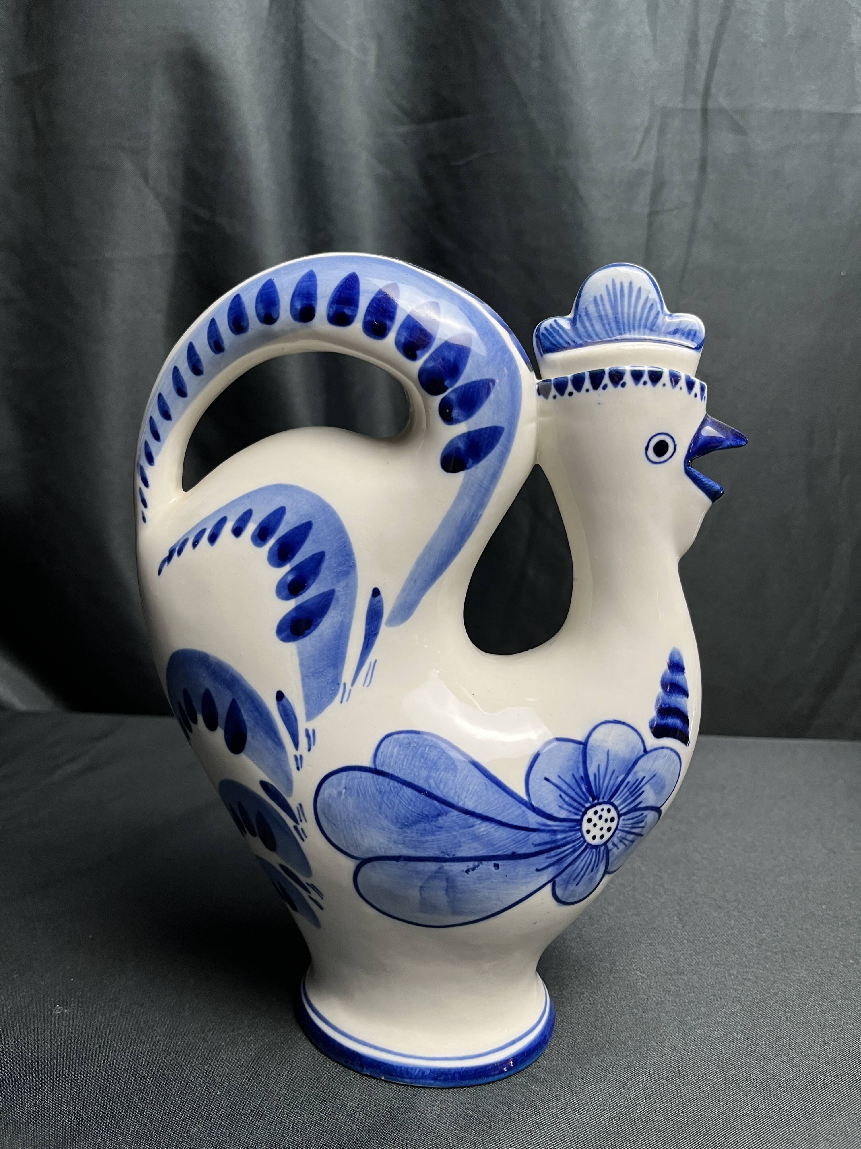 Pitcher bottle hen earthenware white blue USSR 20th century