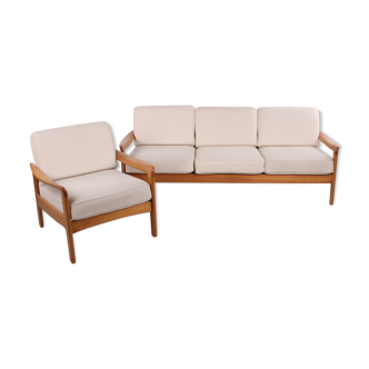 canapé scandinave 3 places et fauteuil blanc crème 1960