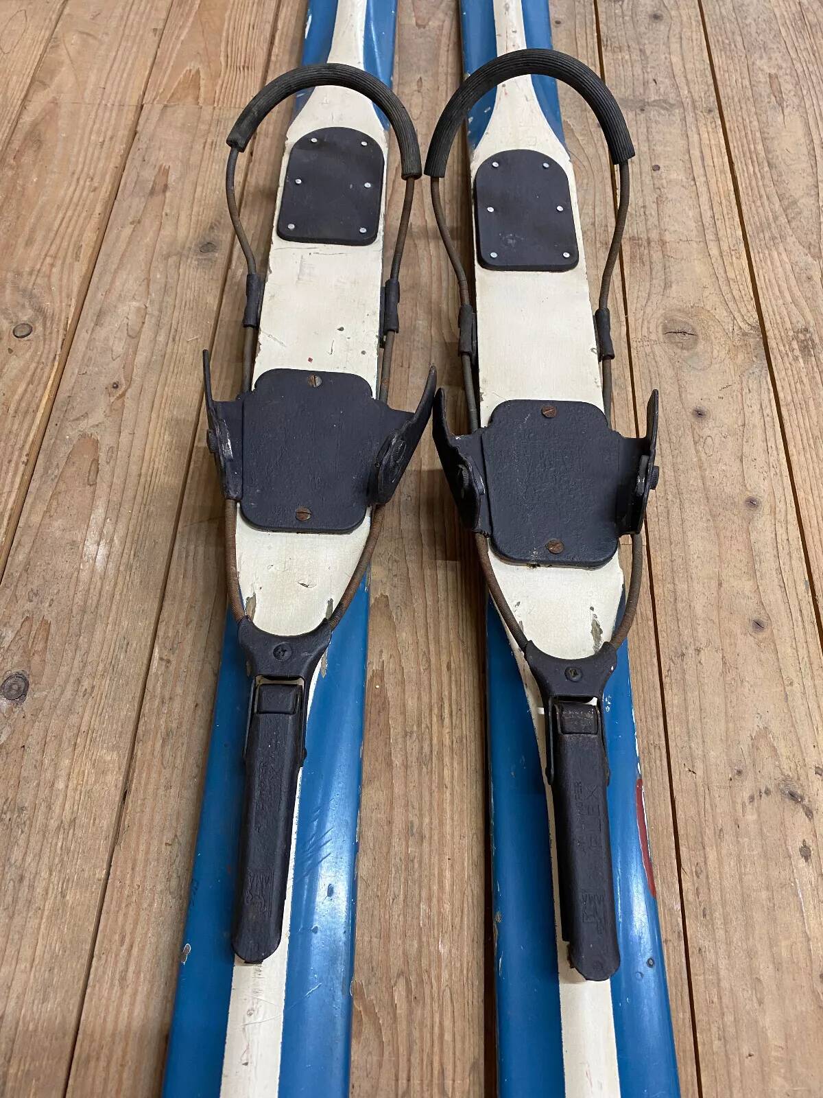Old Pair of Vintage Blue & White Wooden Skis Mountain Chalet Decor - 218 cm
