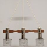 Scandinavian chandelier with 3 lights in teak and glass from the 60s/70s