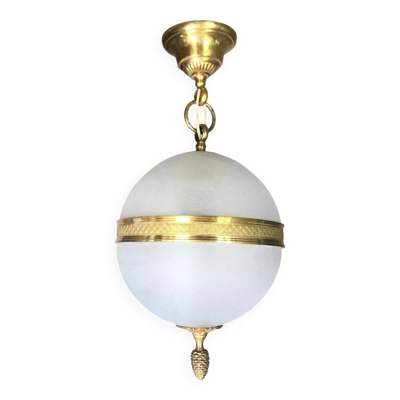 Suspension vintage , suspension boule verre givré, lampe de plafond, lustre