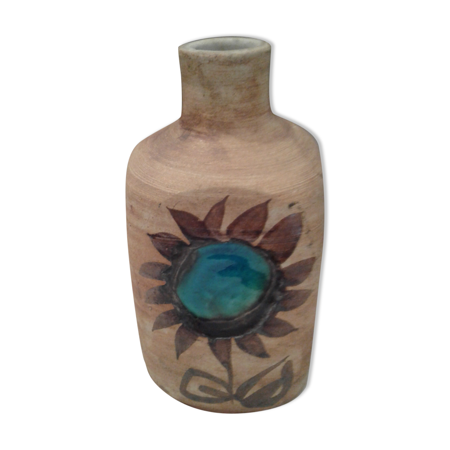 Bottle vase. ceramic enamelled with a flower. Mid-20th. Ht 21.5 cm
