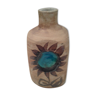 Vase bouteille céramique émaillée d'une fleur milieu XX ème . Ht 21,5 cm
