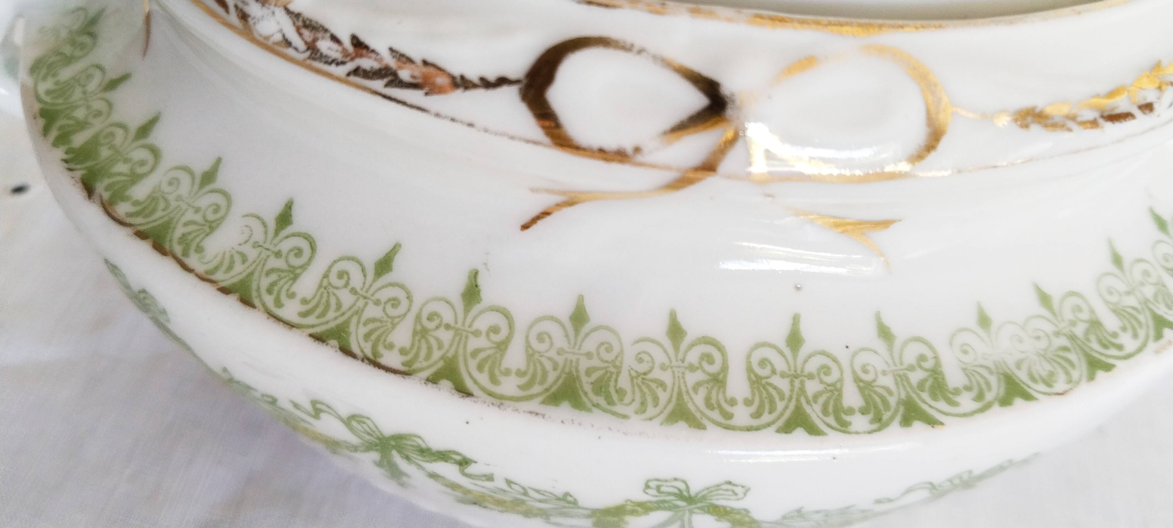 Antique green and gold English porcelain sugar bowl