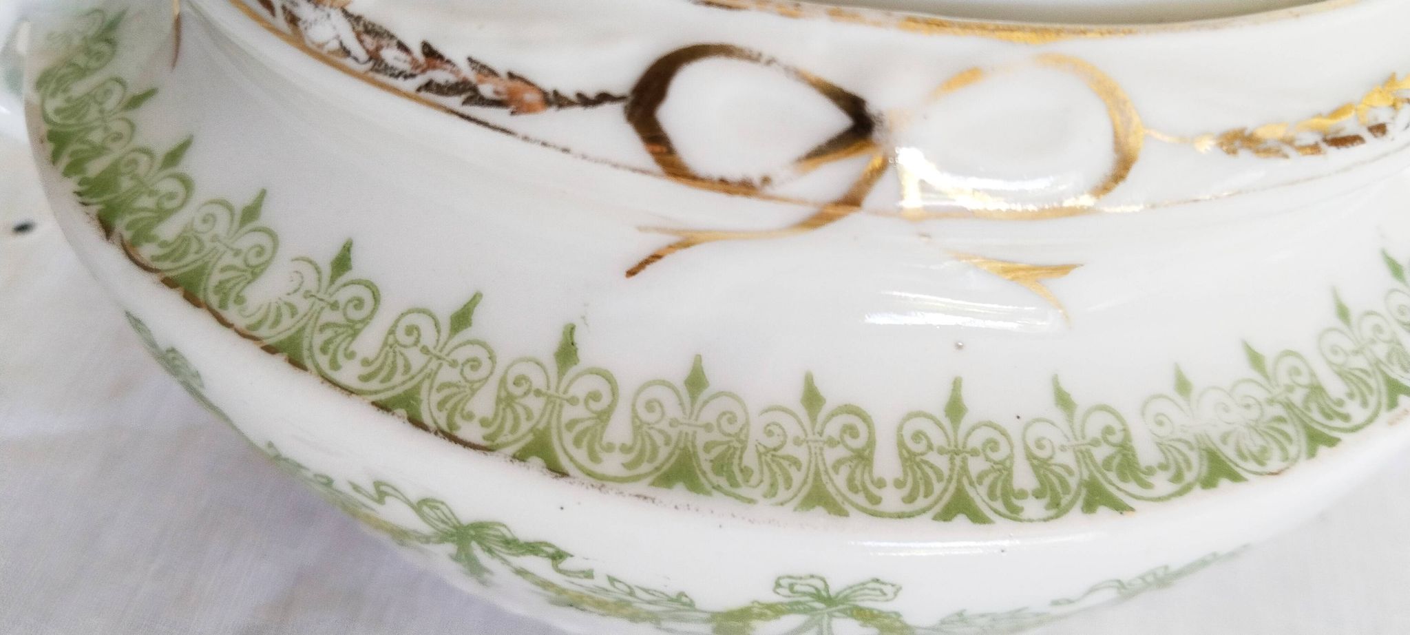 Antique green and gold English porcelain sugar bowl