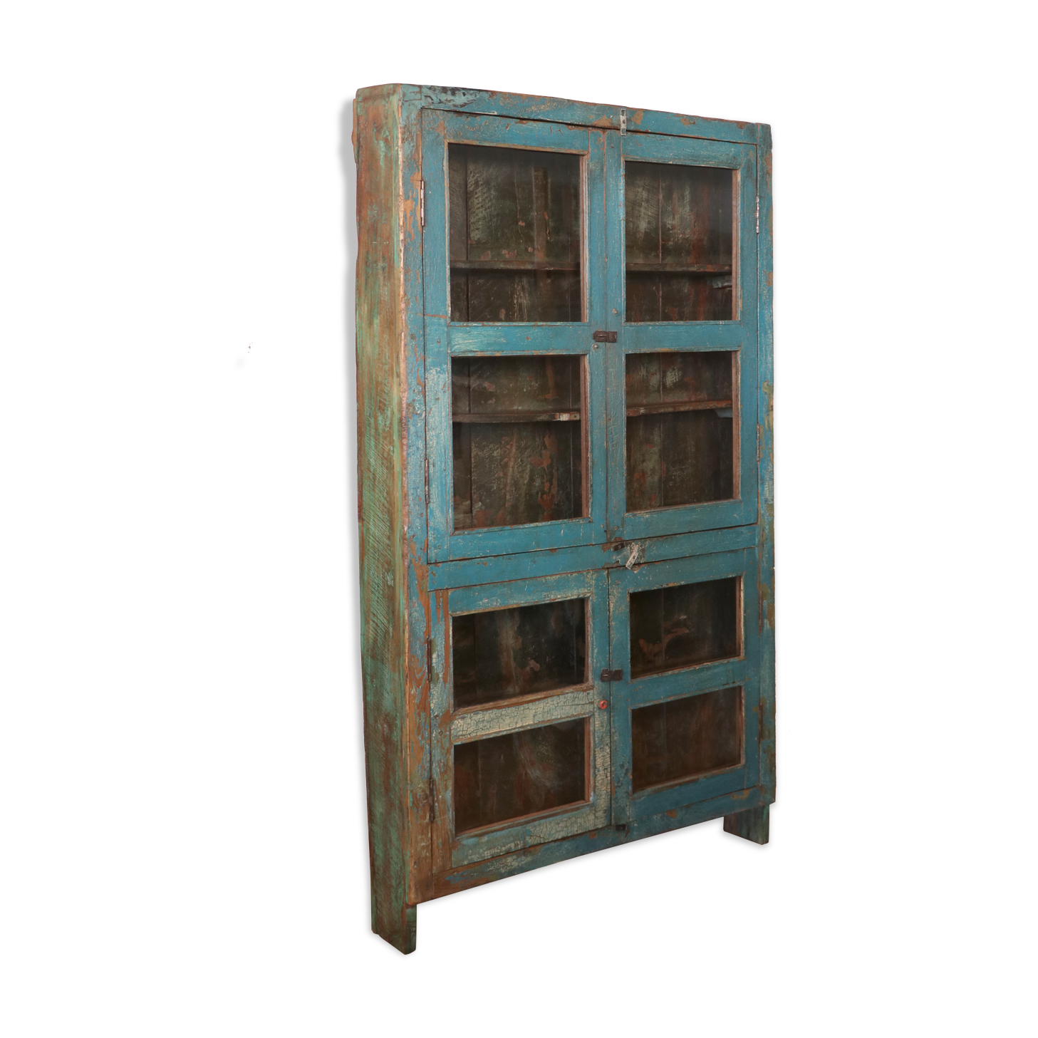 Old showcase in original blue patina Burmese teak