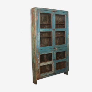 Old showcase in original blue patina Burmese teak