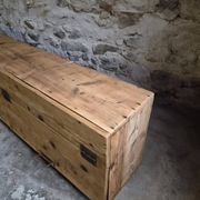 Old French industrial workshop furniture in pine / storage bench, circa 1880–1900