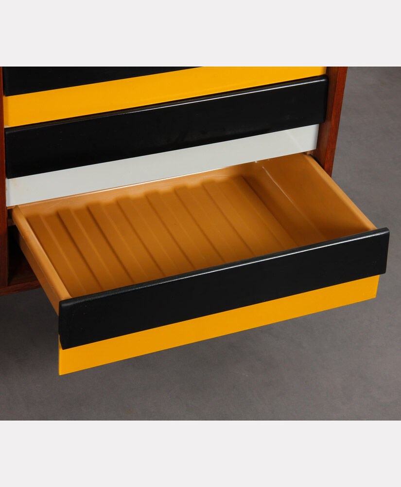 Oak sirdeboard with yellow and black drawers by Jiri Jiroutek, 1960