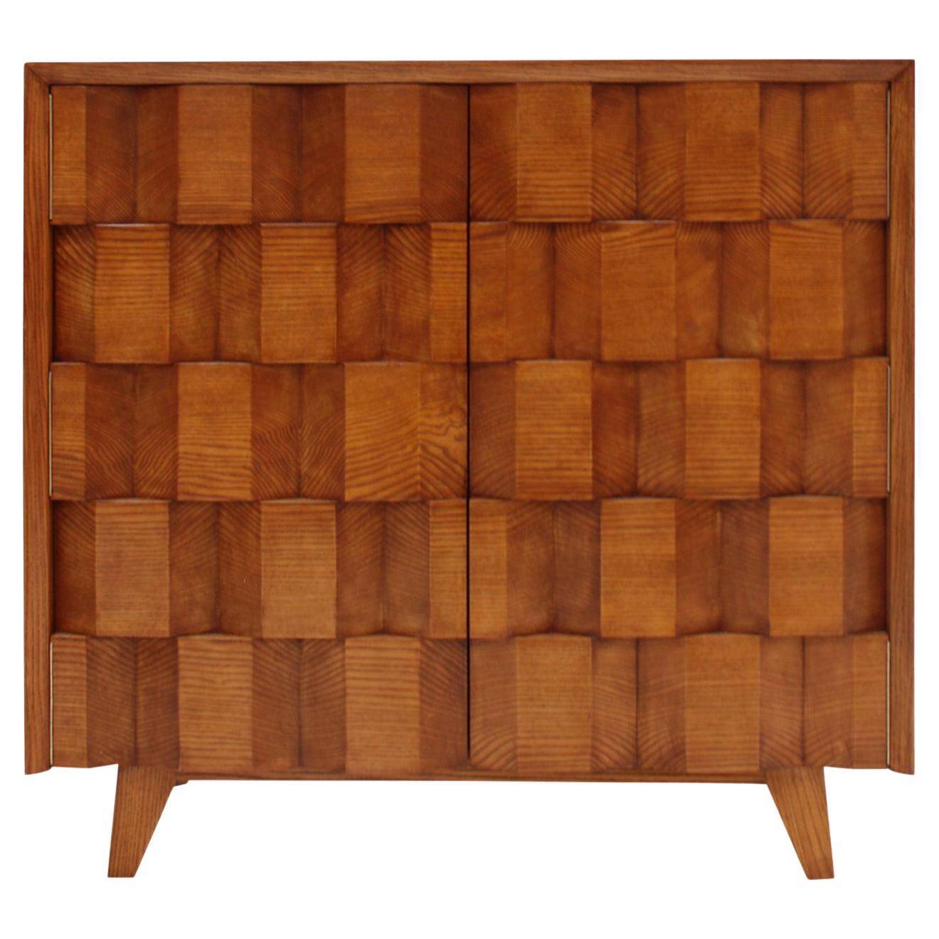 Mid Modern Style Faceted Oak Sideboard with Glass Shelf, Suitable as a Bar