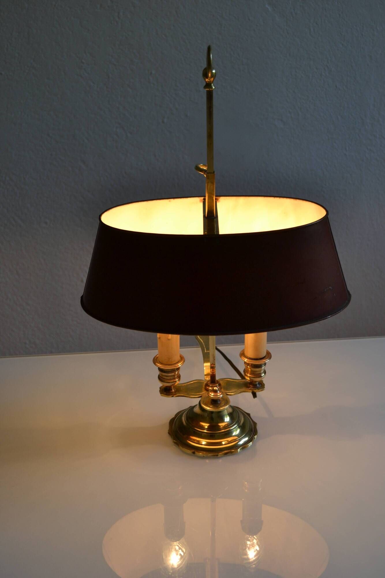 hot water bottle lamp with 2 bronze lights and burgundy sheet metal lampshade