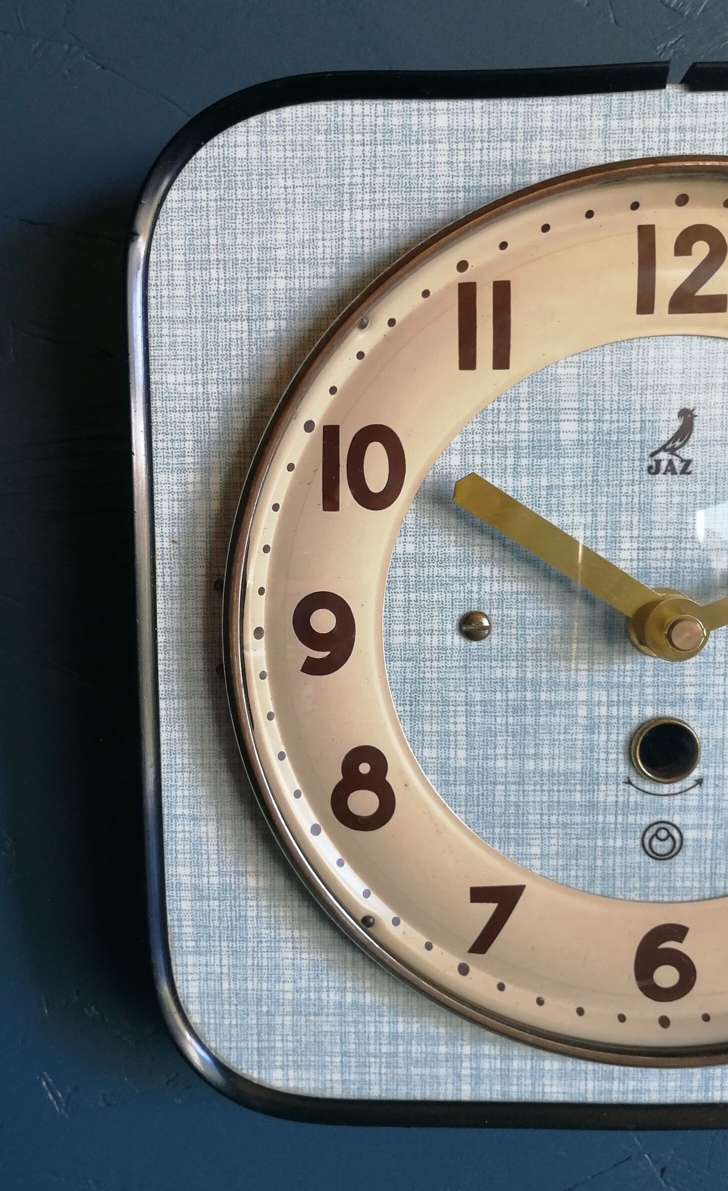 Vintage formica clock square silent wall clock "Jaz Blue"