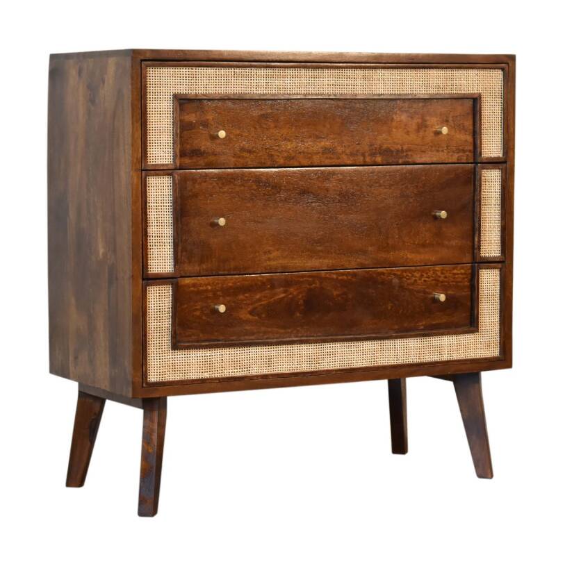Mid-Century Modern Style Solid Mango Wood Chest of Drawers with Woven Rattan Accents - Close-knit Ch