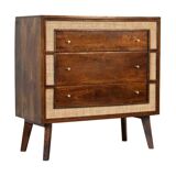 Mid-Century Modern Style Solid Mango Wood Chest of Drawers with Woven Rattan Accents - Close-knit Ch