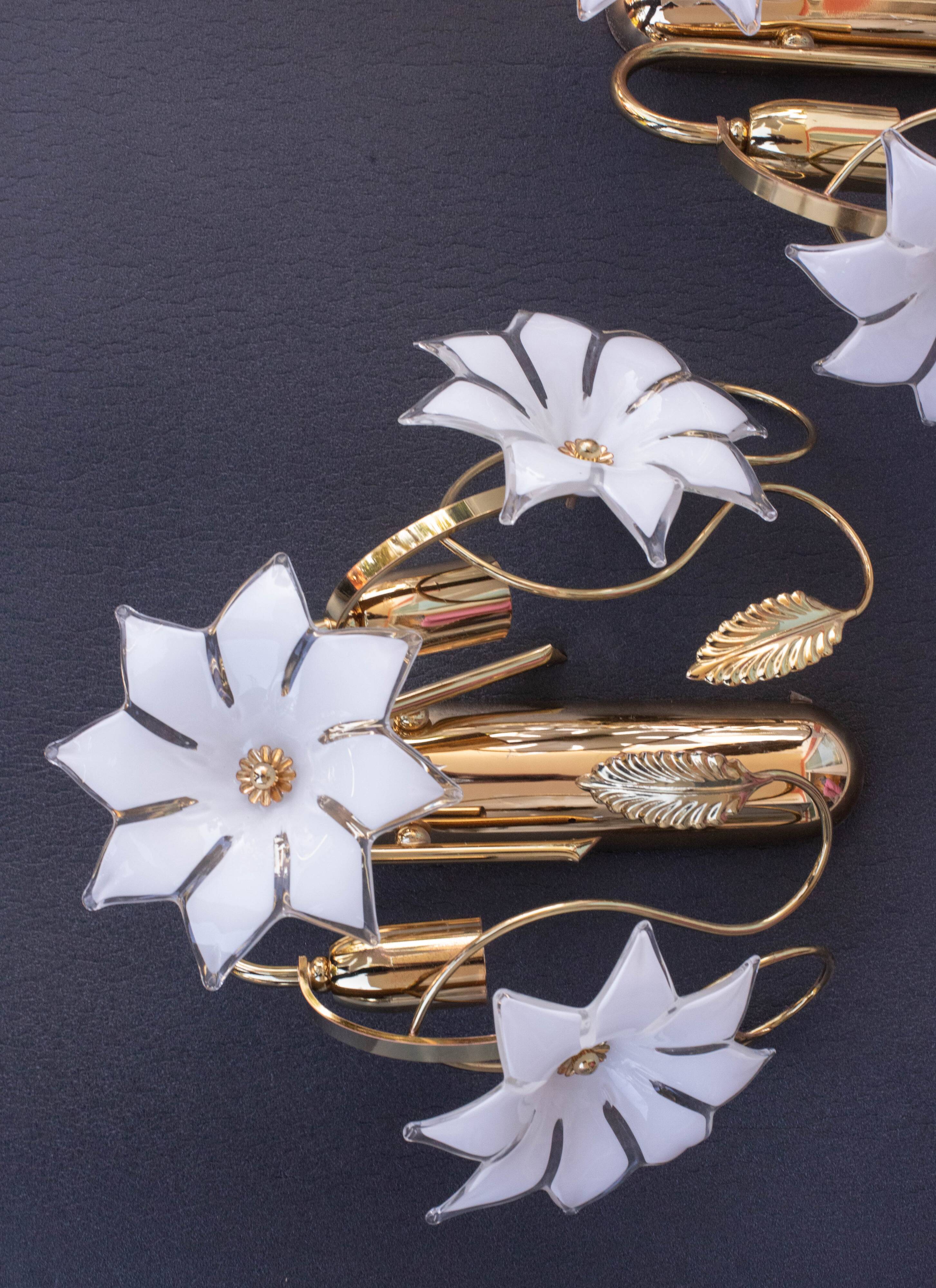 Lot de 2 appliques murales Murano Fleurs Blanches, 1970s