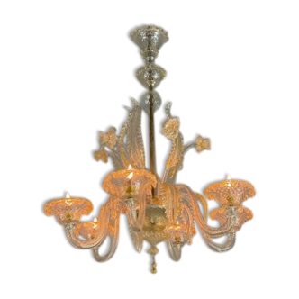 Lustre vénitien en verre de murano légèrement doré, 6 bras de lumière