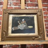 Framed painting of a man on mica.