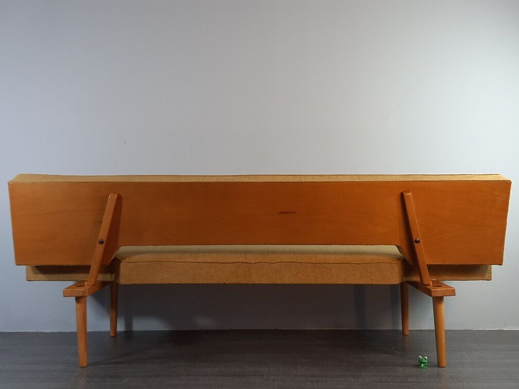 Sofa and daybed in beech and mustard fabric by Miroslav Navratil, vintage Czechoslovakia 1960s