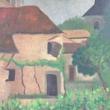 Old painting the village house and its garden