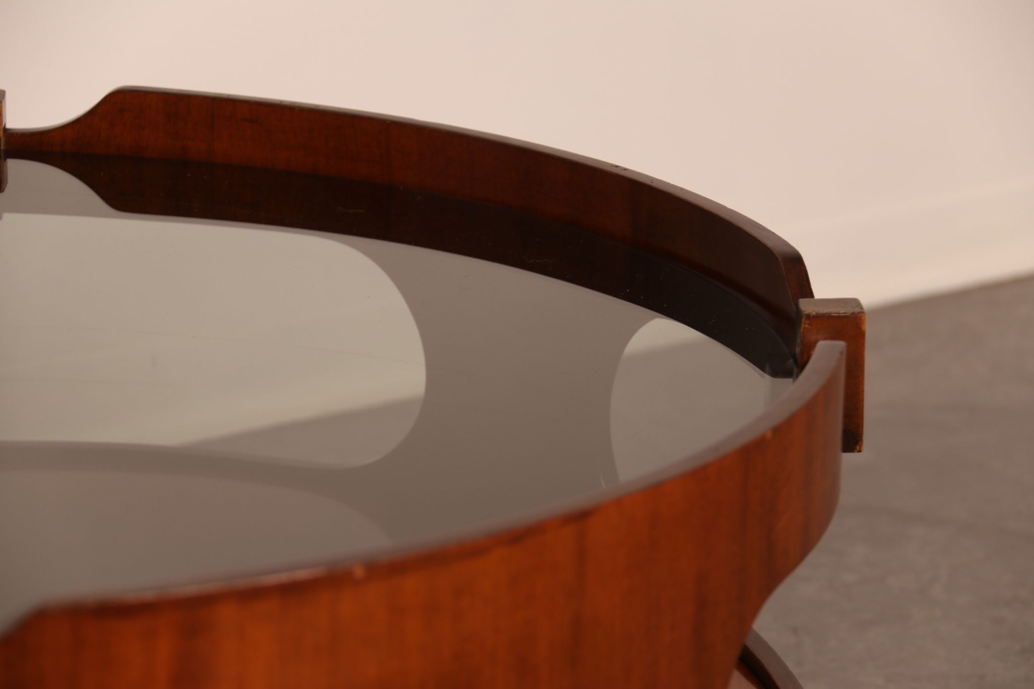 Round coffee table  Frame in plywood- top in smoked glass  Italy - 1960's
