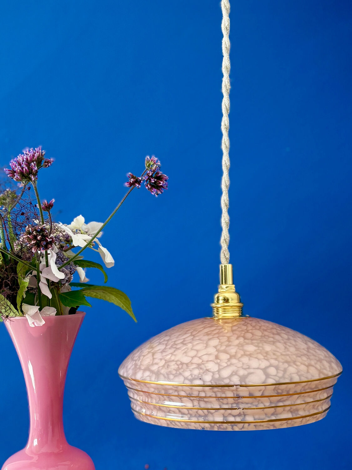 Vintage pink and gold clichy glass lampshade pendant light