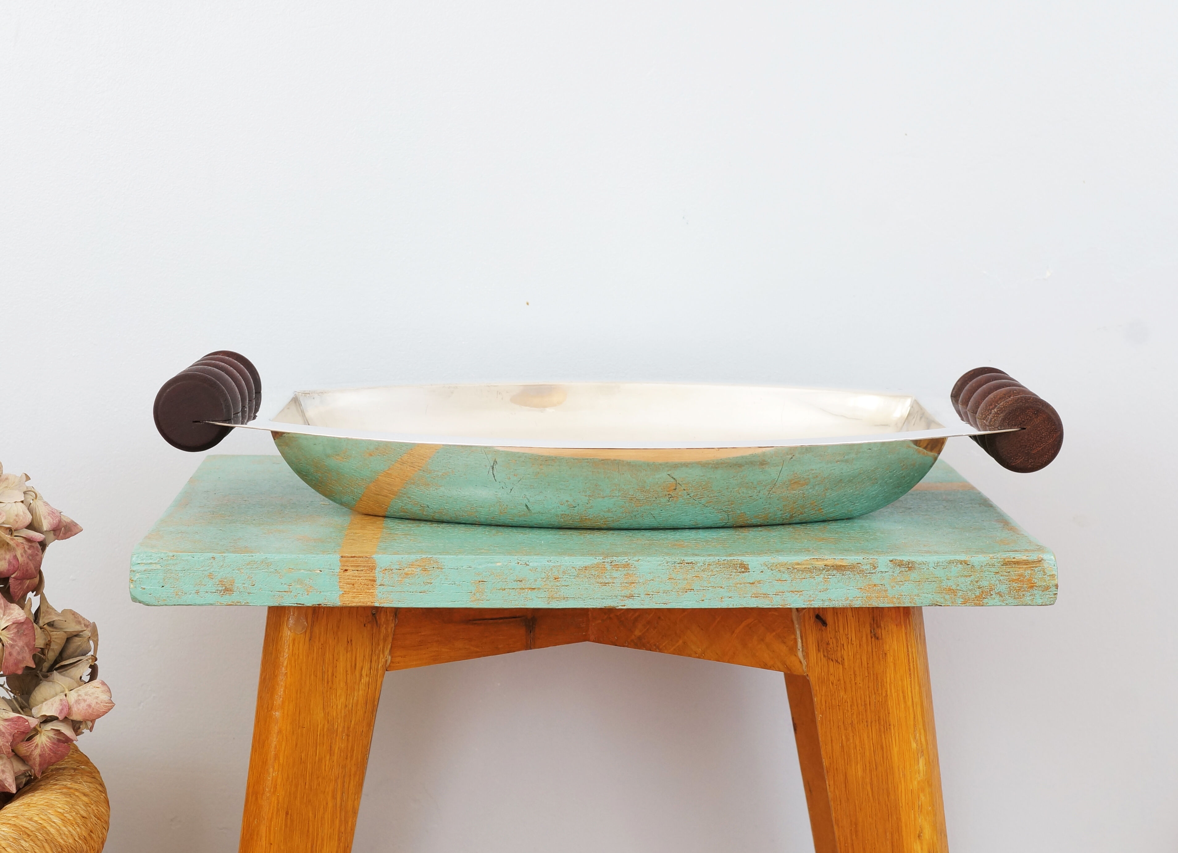 Silver plated metal hollow dish and mahogany handles