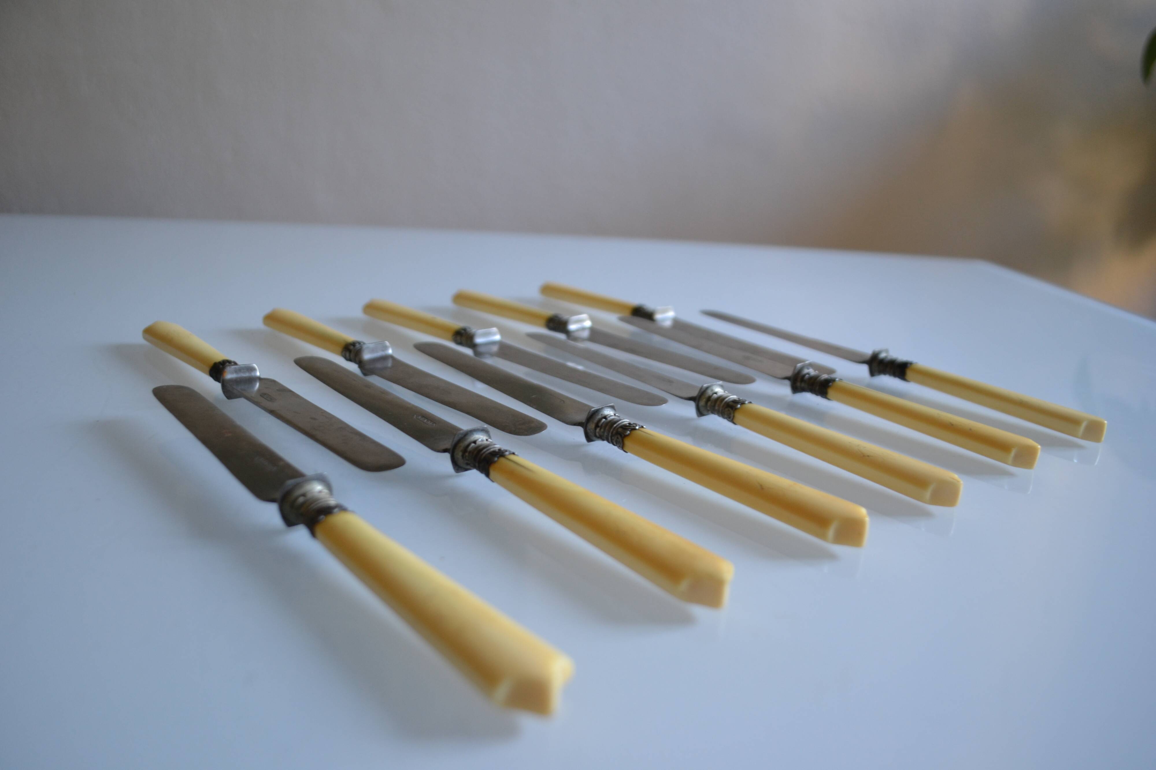 11 antique dessert knives from the 19th century with ivory-colored handles and a monogram