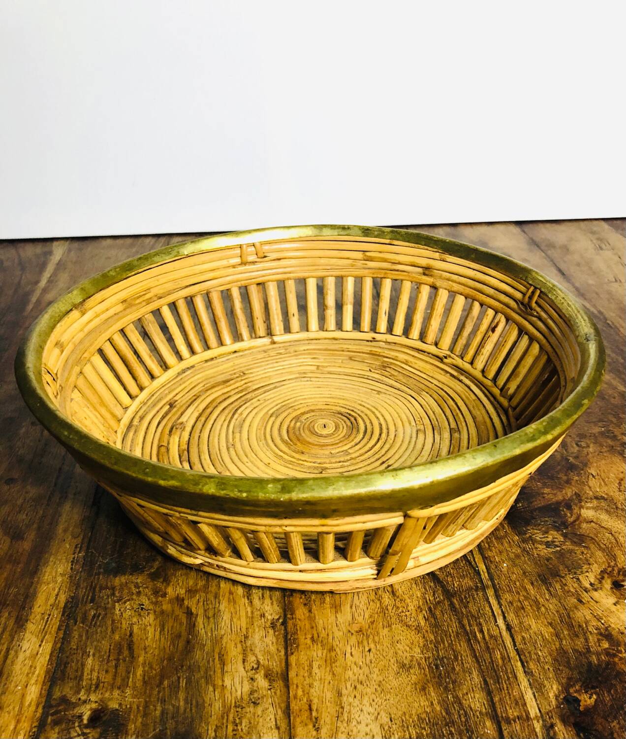 Large rattan and brass basket by Gabriella Crespi. Italy. 1970