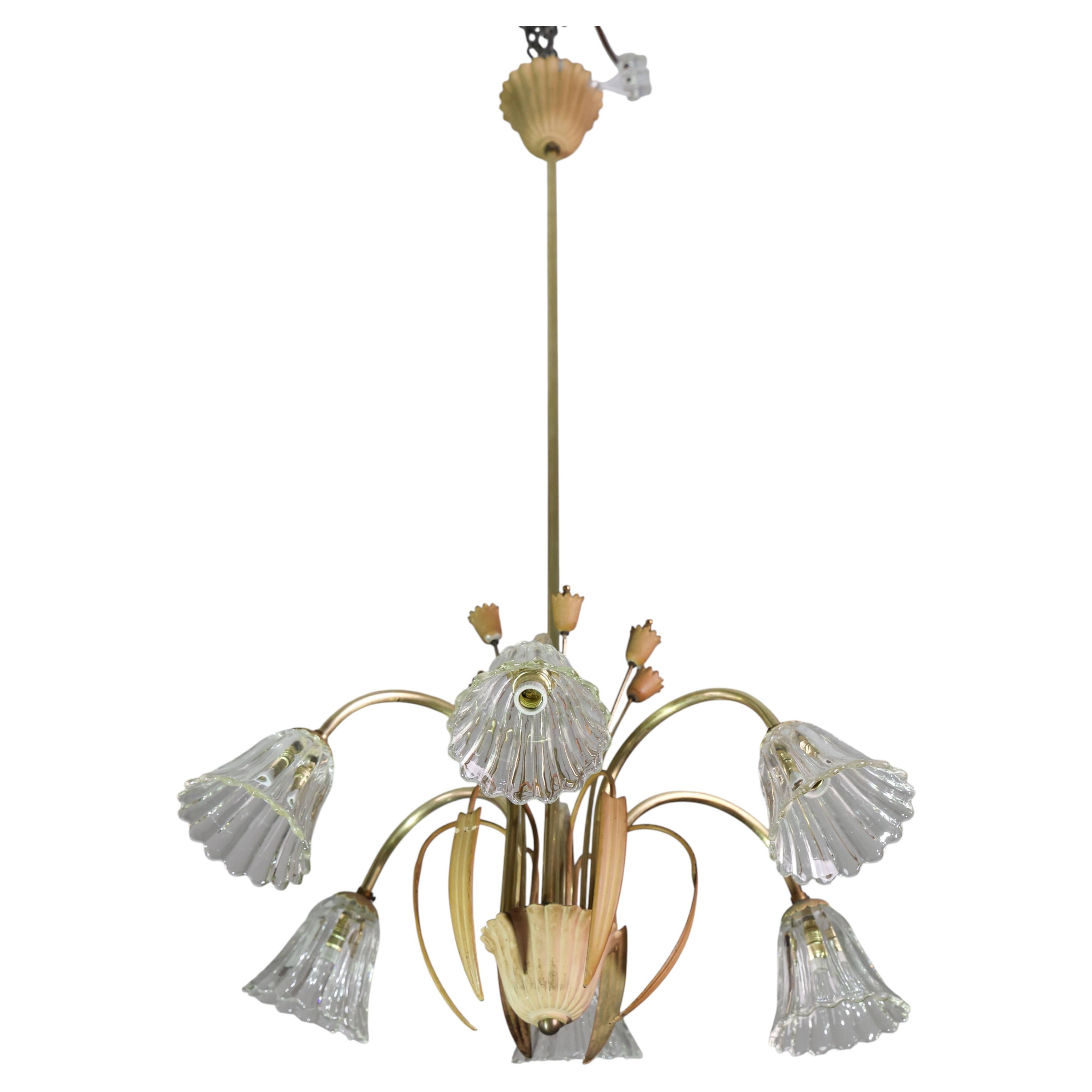 Art Deco Murano Glass and Brass Chandelier, 6 light, 1950