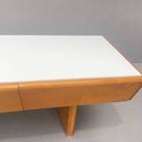 Console basse vintage en bois avec verre opalin, 1960